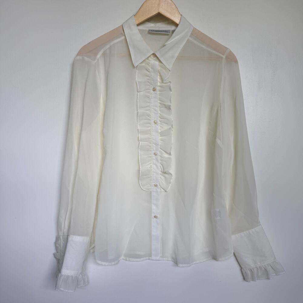 Chadwicks Sheer White Ruffle Front Tuxedo Blouse Size 14 Long Sleeve Boho